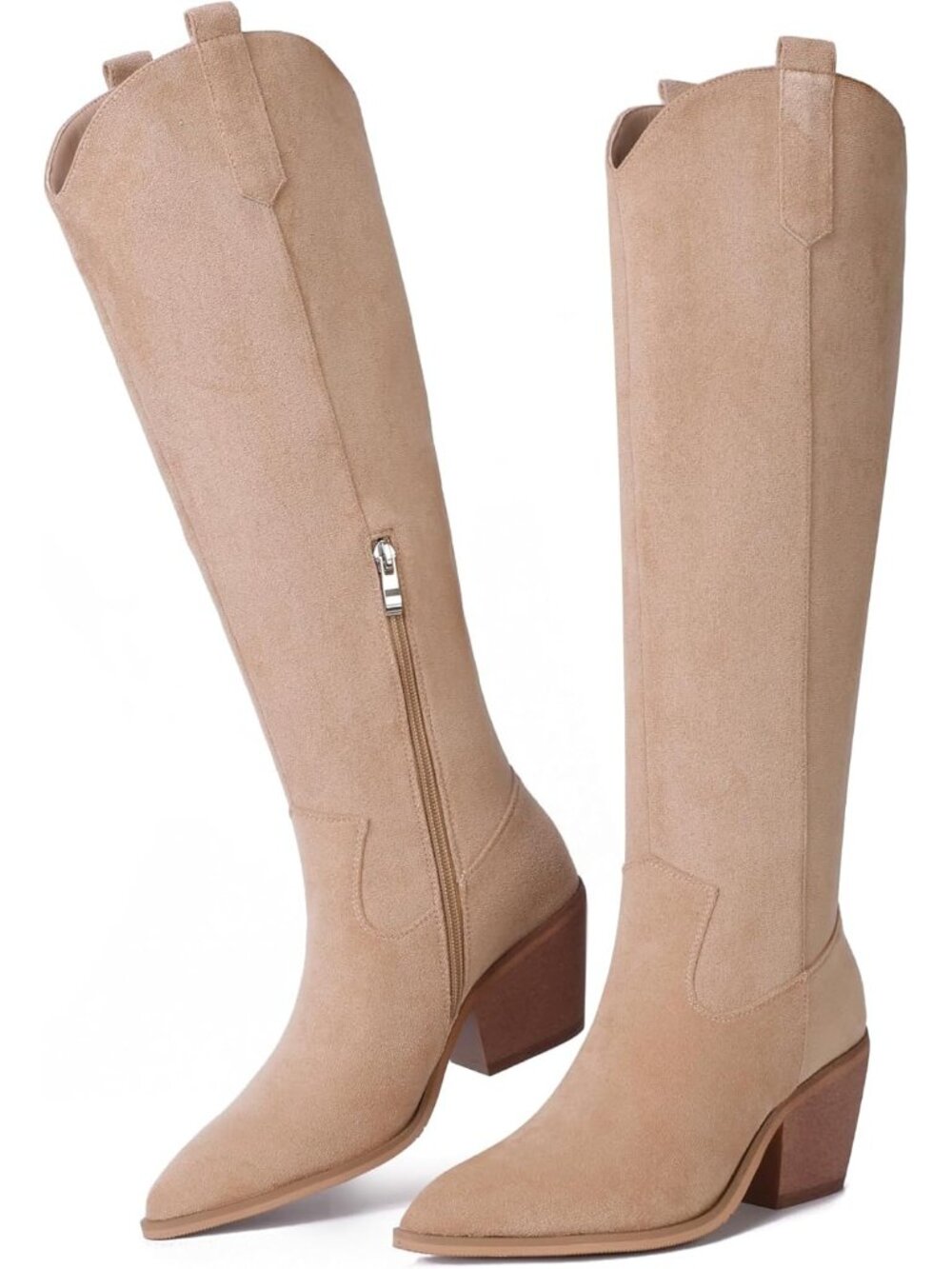 Women's Khaki Suede Embroidery Cowgirl Boots Knee High Embroidered Chunky Heels
